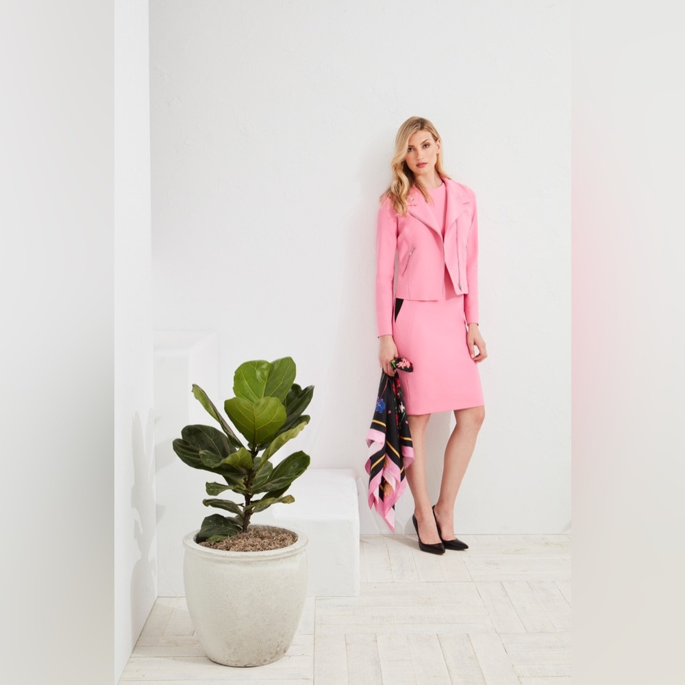 Carlisle Collection. Dress, moto jacket and short sleeve sweater